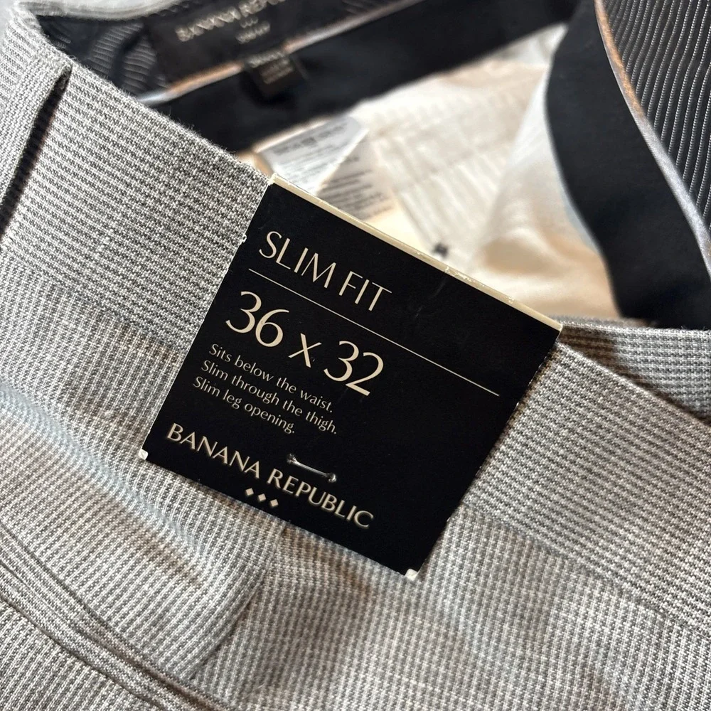 Banana Republic Slim Fit Men's 36x32 Linen Cotton Gray Micro Square Pattern Pant